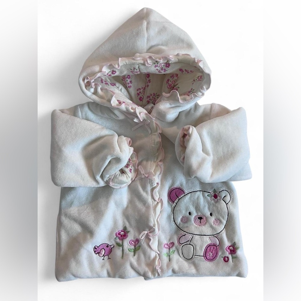 Baby Girls White/Pink Coat Hooded Snap Closures Embroidered Bear & Flowers 3/6mo
